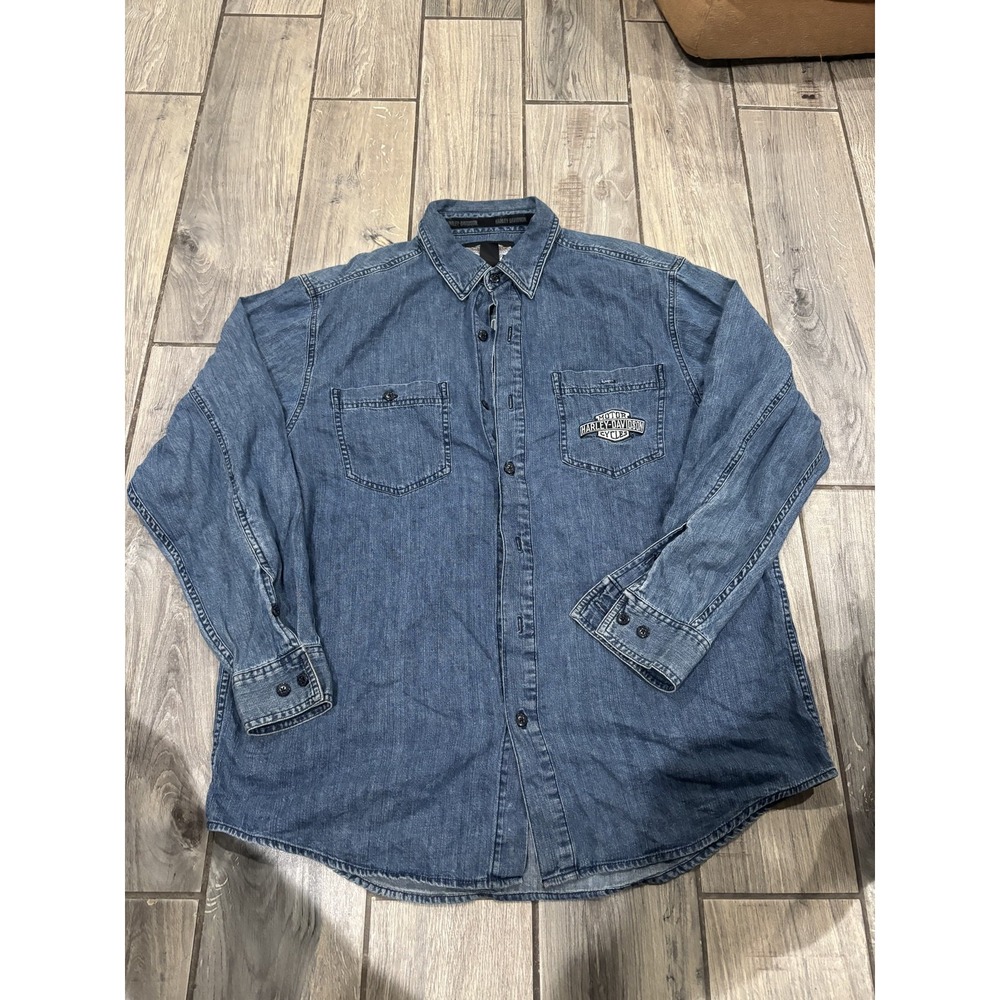 Harley-Davidson Men's Denim Shirt L Blue Long Sleeve Casual Button‎ Down